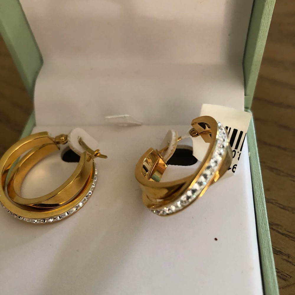 Gold-Tone Triple Hoop Earrings with Crystal Accents